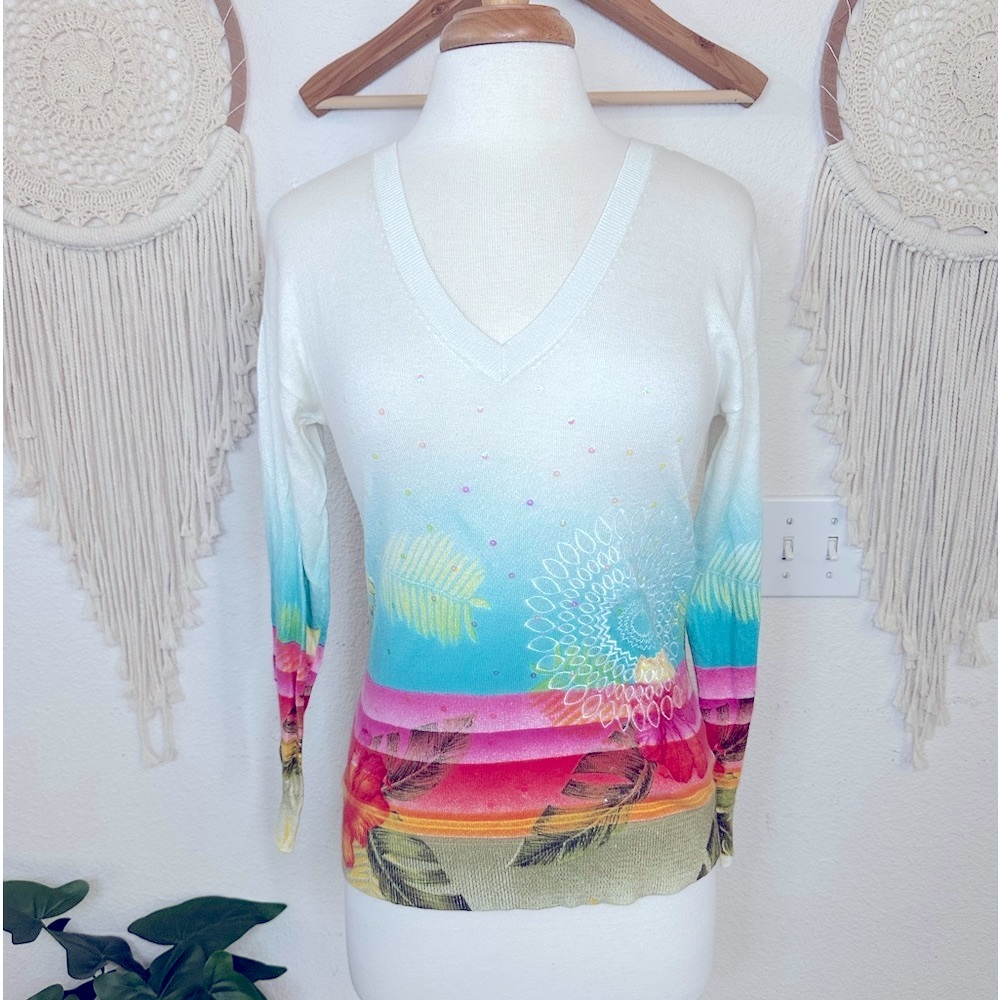 Desigual colorful sequin detail v neck lightweight pullover sweater small